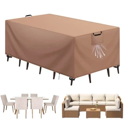 Afbeelding van Aujink beschermhoes voor tuinmeubelen, afdekzeil tuintafel, Oxford stof, 420D, buiten, waterdicht, winddicht, uv bescherming, rotan meubelhoes, kaki, 242 x 162 100 cm