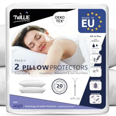Afbeelding van Twillie Aegis® Kussenbeschermer, waterdicht, 2 stuks, voor hoofdkussens, 50 x 60 cm, hoogwaardige kwaliteit, gecertificeerd volgens Oeko Tex®, hypoallergeen, anti mijt, antibacterieel, gemaakt in