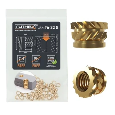 Afbeelding van ruthex #6 32 Short Schroefdraadinzet inch (UNC), 50 stuks RX 6 x 3,8 schroefdraadbussen van messing, stabiele inpersmoeren, door warmte te gebruiken in 3D printdelen kunststof