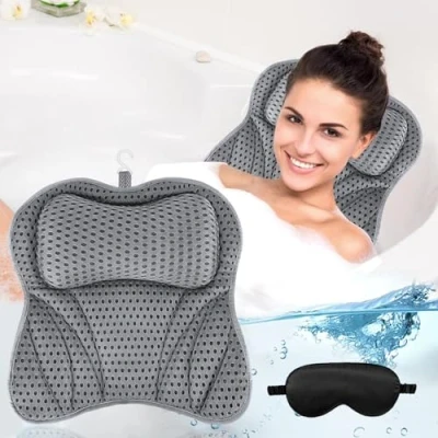 Afbeelding van UCAMP Badkussen,Ergonomisch badkussen,badkussen voor badkuip met 4D Air Mesh technologie en 6 zuignappen,Badkuipkussen hoofd,nek,rug schouders,inclusief zwarte oogmasker