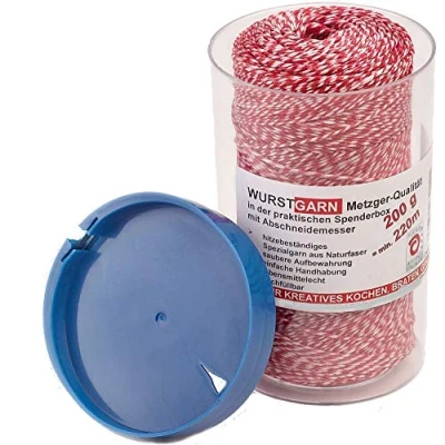 Afbeelding van Worstgaren 200 g / 220 m rood/wit keukengaren in dispenserbox met afsnijder slagergaren