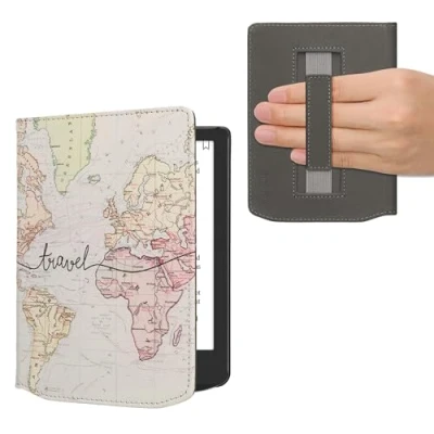 Afbeelding van kwmobile E reader hoesje geschikt voor Pocketbook Verse / Pro Color Vivlio Light HD hoes flip case met magneetsluiting Ereader cover Travel Wereldkaart design in zwart meerkleurig