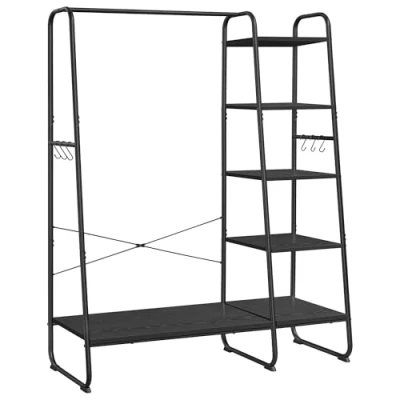 Afbeelding van VASAGLE Kledingrek, kapstok, 45 x 120 160 cm, garderobe, kledingstang, schoenenrek, open kledingkast, 6 haken, afneembaar, slaapkamer hal, ebbenzwart matzwart RGR116B02