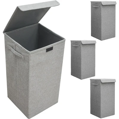 Afbeelding van Set van 3: 50L Wasmand met Deksel 30x30x60 Stevige Wasverzamelaar Houten Frame Smalle Hog...