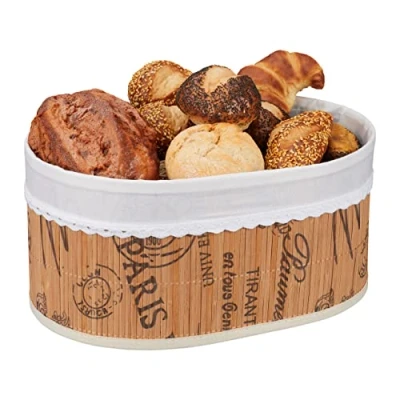 Afbeelding van Relaxdays broodmand, bamboe &amp; stof, Frans design, voor brood of koffiebroodjes, serveermandje, ovaal, natuur/wit