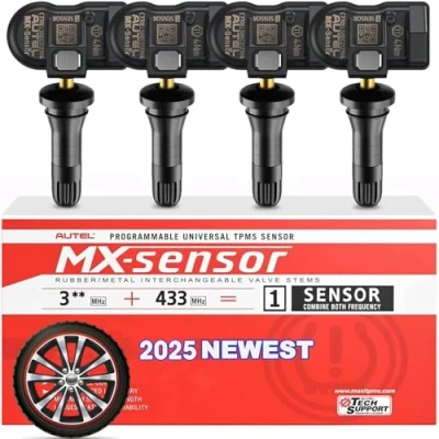 Afbeelding van Autel TPMS sensor 2en1 MX sensor, 1 inpersbare bandenspanningscontrolesysteemsensor, programmeerbare en klonbare draadloze op OE niveau voor alle voertuigen (rubberen ventiel, 4 stuks)