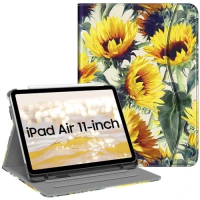 Afbeelding van FINTIE Hoesje compatibel met iPad Air 5e generatie (2022) / 4e (2020) 10,9 inch, foliostandaard meerdere kijkhoeken en zak, automatisch slapen/waken, zonnebloemen