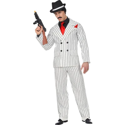 Afbeelding van Widmann Maffia Kostuum Omgekeerde Krijtstreep Gangster Man Zwart / Wit Large Carnavalskleding Verkleedkleding