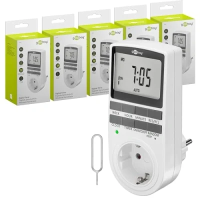 Afbeelding van goobay Timer 5 delige set digitaal met 16 programma&#039;s Tijdschakelaar stopcontact willekeurige modus voor inbraakbeveiliging incl. 100 dagen back up accu 3680W 230V (AC)