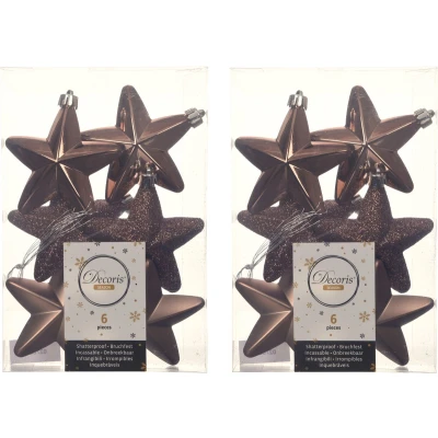 Afbeelding van 12x stuks kunststof sterren Kersthangers walnoot bruin 7 cm