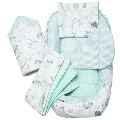 Afbeelding van Medi Partners 5 delige Babynest Set 100x60x15 Uitneembaar inzetstuk Bed Knuffel Nestje Baby deken Pasgeboren 100% katoen (Oceaan met munt Minky)