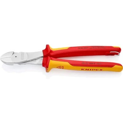 Afbeelding van Knipex Kracht zijsnijtang verchroomd, geïsoleerd VDE gekeurd, met geïntegreerde geïsoleerde bevestigingshaak om een valbeveiliging aan te brengen 250 mm (zelfbedieningskaart/blister) 74 06 T BK