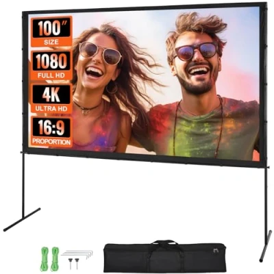 Afbeelding van VEVOR Projectorscherm met standaard, 100 inch 16:9 4K 1080 HD outdoor filmscherm kreukvrij projectiescherm staafpoten en draagtas, voor thuisbioscoop, achtertuin, filmavond