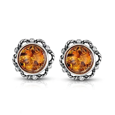 Afbeelding van Amberta Sieraden Echt 925 Sterling Zilver Stud Oorbellen voor Vrouwen Zilveren met Amber Bloem Oorknopjes Honing Barnsteen Oorstekers