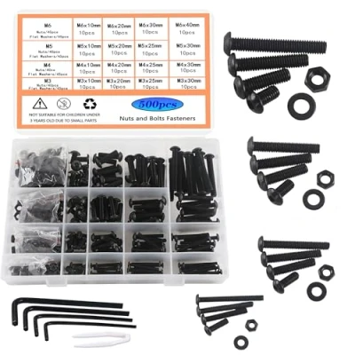 Afbeelding van HVDHYY Schroeven en moeren, set M3, M4, M5, M6, schroeven, koolstofstaal, zwart, machineschroeven, moeren sluitringen, assortiment kit, ronde kop met opbergdoos, 500 stuks