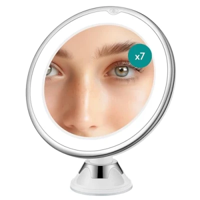 Afbeelding van Navaris LED make up spiegel met verlichting Vergrootspiegel zuignap 360 draaibaar Scheerspiegel 7x vergroting Handspiegel wit