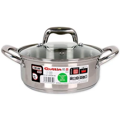 Afbeelding van Quttin New Caesar Professionele kookpan voor inductie, keuken en oven, kleine pan, roestvrij staal, anti aanbaklaag, glazen deksel handgrepen, 20 cm / 2,5 l