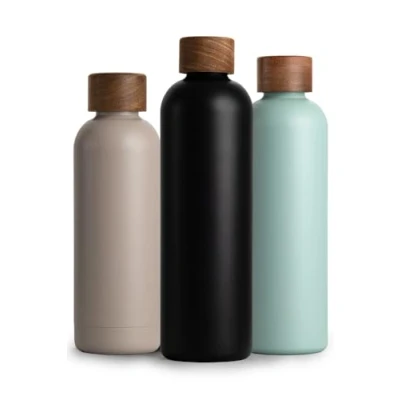 Afbeelding van Roestvrijstalen drinkfles, 1 liter, thermosfles, l, met acaciahouten deksel, geïsoleerde waterfles, lekvrij bij koolzuur, 1000 ml, antraciet