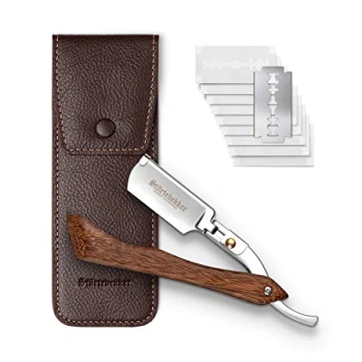 Afbeelding van Störtebekker® scheermes met houten handvat in handgemaakt lederen etui incl. styptisch potlood scheergids [10 scherpe mesjes] cadeau idee scheerset nat premium kwaliteit