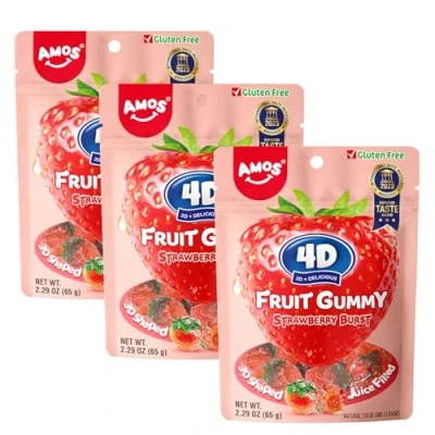 Afbeelding van Amos Fruit Gummy Strawberry Burst, 4D Aardbei met Gevulde Kern, Natuurlijke Smaak Snacks, Halloween Snoep, Hersluitbare 65g Zak (Verpakking van 3)