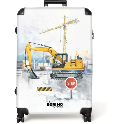 Afbeelding van NoBoringSuitcases.com® Koffer groot Reiskoffer lichtgewicht Bouwplaats met gele graafmachine en kraan Rolkoffer 4 wielen Grote trolley XL 98 liter bagage