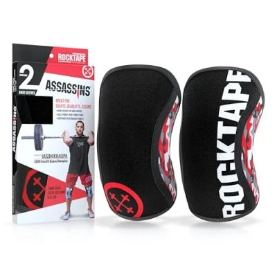 Afbeelding van RockTape Assassins Kniebeschermers 5 mm duurzaam neopreen voor compressie, warmte en stabiliteit in de functionele fitness, rood camouflage, medium