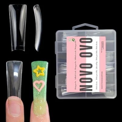 Afbeelding van NOVO OVO 110 stuks extra lange eend nageltips halve afdekking, Long Duck Feet Nail TIPS cover, heldere XL XXL zachte gel flare, Y2K, brede Franse nagels voor acryl x 11 maten