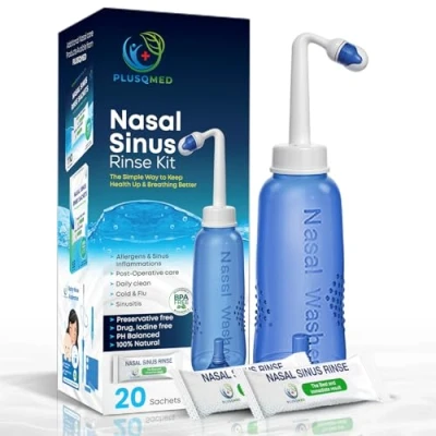 Afbeelding van PLUSQMED Sinus Rinse Kit, 300ml Fles + 40 Zout zakjes, Neti Pot, Nasale wassen, Spoelen,