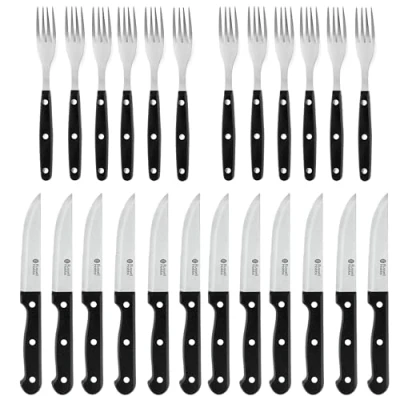 Afbeelding van Russell Hobbs COMBO 4796 24 Piece Steak Knife &amp; Fork Set Tableware Service for 6, Knives and Forks with Stainless Steel Blades, Serrated Set, Sharp Meat Knives, Ergonomic Handles, Black