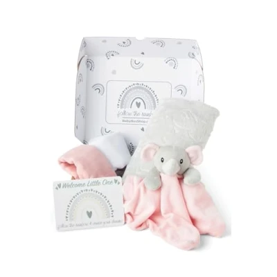 Afbeelding van baby Box Shop 5 Pasgeboren Essentials Ideaal als babyshower geschenken en doopgeschenken voor meisjes, inclusief een roze olifant dekbed, fleece deken, 2x mousseline doeken &amp; Gift Message Card