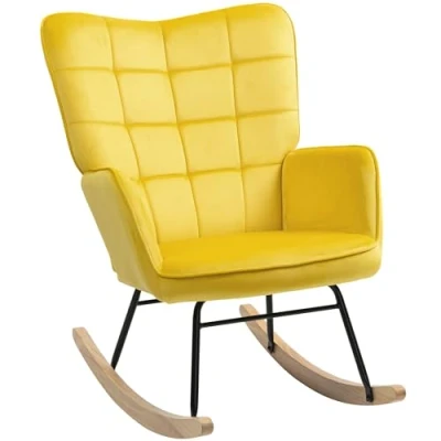Afbeelding van HOMCOM schommelstoel, fluwelen bekleding, borstvoedingsstoel, stalen frame, massief houten poten, geel