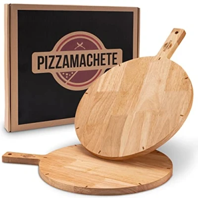 Afbeelding van PIZZAMACHETE pizzabord hout, van rubberhout, pizza accessoires thuis, snijplank rond, plaat, foccacia of brood, houten plank 30,5 cm, set 2