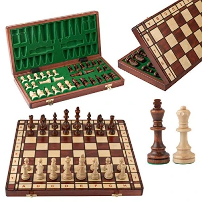 Afbeelding van Master of Chess Houten Toernooi Schaakbord &#039;JUPITER&#039; 42 cm Handgemaakte Draagbare Grote Opvouwbare Schaakset voor Kinderen en Volwassenen Gewogen Stukken