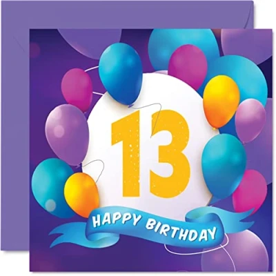 Afbeelding van 13e verjaardagskaart voor jongens meisjes ballonfeest gelukkige verjaardagskaarten 13 jaar oude tiener jongen meisje broer zus zoon dochter kleinzoon kleindochter, 145 mm x verjaardag wenskaarten cadeau