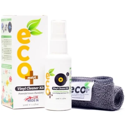 Afbeelding van Ecomoist Vinyl Cleaner Kit 50ML met fijne microfiber handdoek, gemaakt in het Verenigd Koninkrijk. groen product.