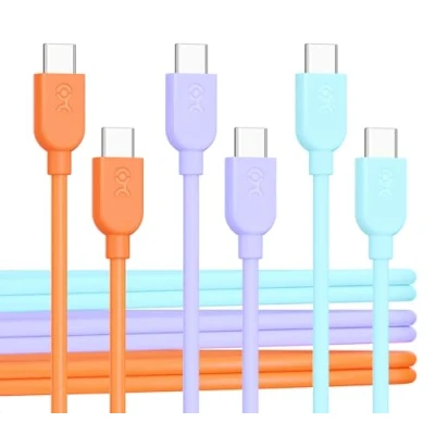Afbeelding van Cable Matters 3 pack extreem flexibele korte USB C oplaadkabel 0,3 m in oranjeblauw paars, ondersteuning 60W PD, Apple CarPlay, Android Auto, naar kabel voor iPhone 15/15 Pro Max, iPad,