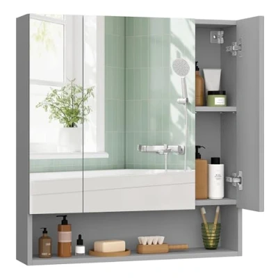 Afbeelding van VASAGLE BBK129G01 badkamerspiegelkast, badkamerkast met spiegel, spiegelkast, open vak, verstelbare planken, 16,5 x 70 75 cm, duifgrijs