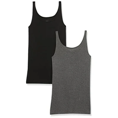 Afbeelding van Amazon Essentials Tanktop voor dames, slim fit, dunne bandjes, 2 stuks, zwart/houtskool heather, X Large