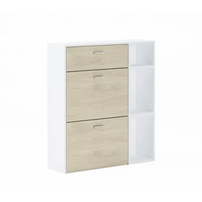 Afbeelding van Skraut Home Schoenenkast 102 x 90 26 cm Ruimte voor 12 paar schoenen 2 draaideuren + 1 lade Windmodel Wit/Eiken afwerking