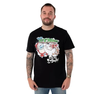 Afbeelding van Nickelodeon Ren &amp; Stimpy Grafitti Zwart T shirt met korte mouwen voor heren Nostalgische cartoon coolheid in elke steek