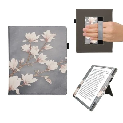 Afbeelding van kwmobile E reader hoesje geschikt voor Pocketbook InkPad Eo / Bigme InkNote Color+ hoes flip case van kunstleer Ereader cover met stand Magnolia design in taupe wit blauwgrijs