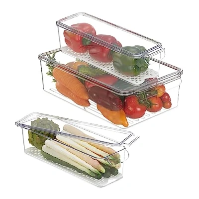 Afbeelding van Relaxdays koelkast organizer set van 3 opbergbak transparant langwerpig bakje