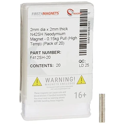 Afbeelding van FIRST4MAGNETS F412SH 20 2 Dia x mm dikke N42SH neodymium magneet 0,15 kg trek (hoge temperatuur) (Pack van 20), Set stuks