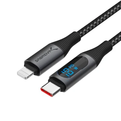 Afbeelding van SABRENT USB C naar Lightning kabel met Smart Display, 1 m lang, Apple MFI gecertificeerd, 60 W opladen en 480 Mbps gegevensoverdrachtsnelheden, voor telefoons, iPads, iPods, MacBooks (CB C2L1)