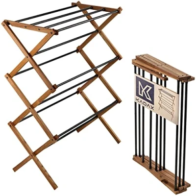 Afbeelding van KADAX K7826 Staande droogrek van hout inklapbaar torenwasrek met 11 stalen stangen en 7 m² droogoppervlak ecologisch houten wasrek ruimtebesparende droger (97 cm hoog) L