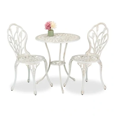Afbeelding van bistroset 2 persoons tafel en stoelen met parasolgat metaal wit brons