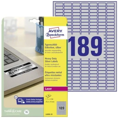 Afbeelding van AVERY Zweckform L6008 20 typeplaatje folieetiketten (25,4x10 mm op DIN A4, extreem sterk zelfklevend, weerbestendig bedrukbare kleeffolie), 3.780 stickers vellen, Zilver