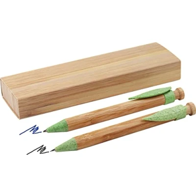 Afbeelding van MPM Bamboe balpen en potlodenset met tarwestro clip in papieren doos, elegante 2 delige set, blauwe inkt potlood, licht hout/groen, EKO geschenkdoos, milieuvriendelijk, milieuvriendelijk