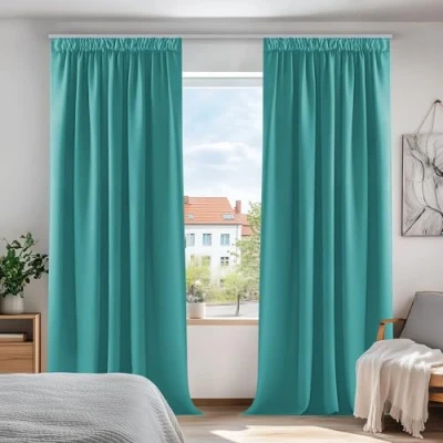 Afbeelding van Deconovo Verduisteringsgordijnen Plooiband, Kant en Klaar, Gordijn Warmte isolerend voor Slaapkamer, Woonkamer, 140x240 cm (B x H), Turquoise, 2 stuks