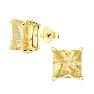 Afbeelding van JoyS Zilveren vierkant oorbellen 8 mm zirkonia champagne geel 14k goudplating